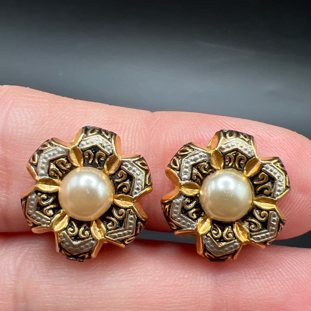Vintage Damascene Faux Pearl Clip On Earrings - Gold Tone with Black